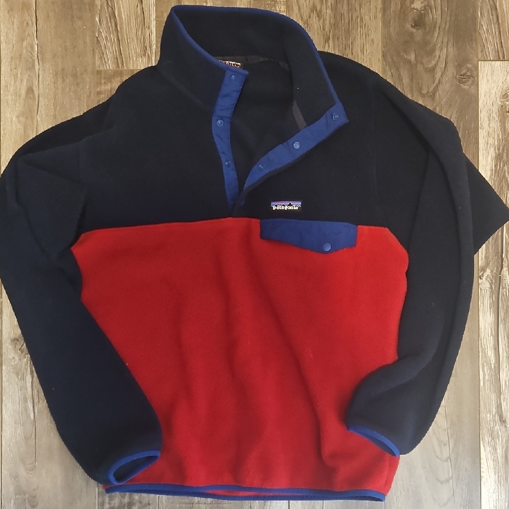 Patagonia Synchilla Red Navy Royal Blue Fleece Pullover Button Small